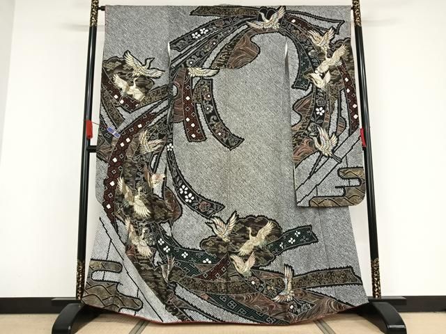 平和屋着物○豪華振袖 絞り 束ね熨斗飛鶴花文 黒地 金彩 正絹 逸品  