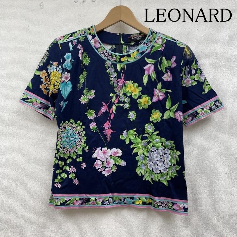LEONARD レオナール Tシャツ 半袖 半袖 Tシャツ 紺地 裾トリム 花柄 ボタニカル クルーネック カットソー 肩パッド入り 0359100