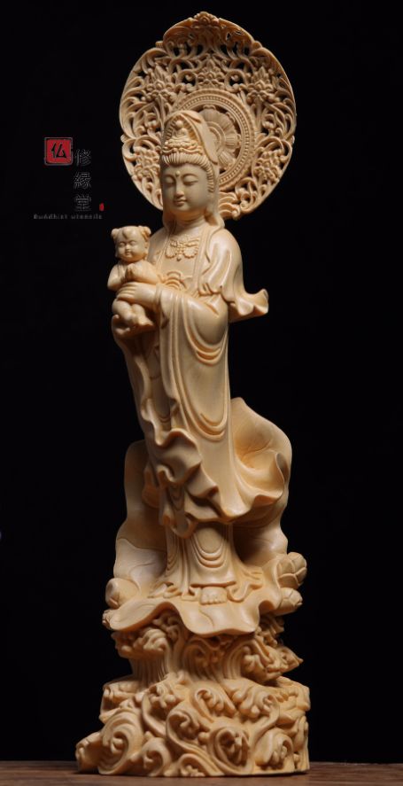 木彫り 仏像 送子観音菩薩立像 彫刻 一刀彫 天然木檜材 仏師で仕上げ 修縁堂】木彫り 仏像 送子観音菩薩立像 彫刻 一刀彫 天然木檜材