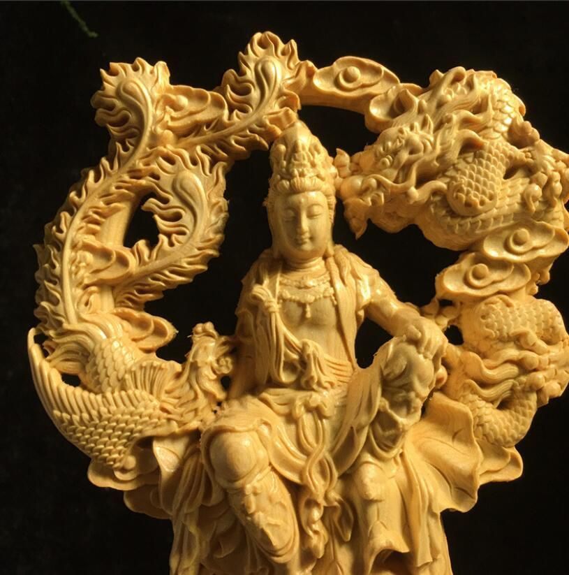 新入荷☆観音菩薩 木彫 縁起物 高品質 細密彫刻 龍鳳呈祥-自在観音