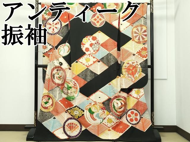 専用品アンティーク 豪華振袖 黒地に鮮やか染め 金駒刺繍 5つ紋 G-567 平和屋本店□極上 アンティーク 大正ロマン 振袖 駒刺繍 菱松葉