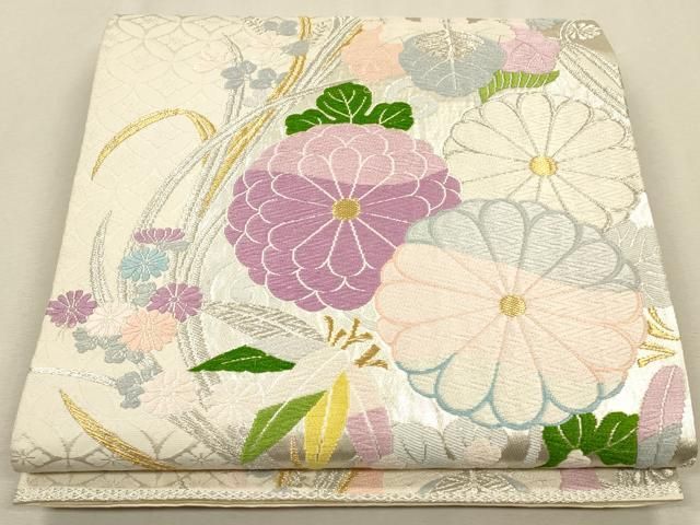 袋帯 縞 花々 全通 24M271f 西陣織 新品未使用品 全通袋帯