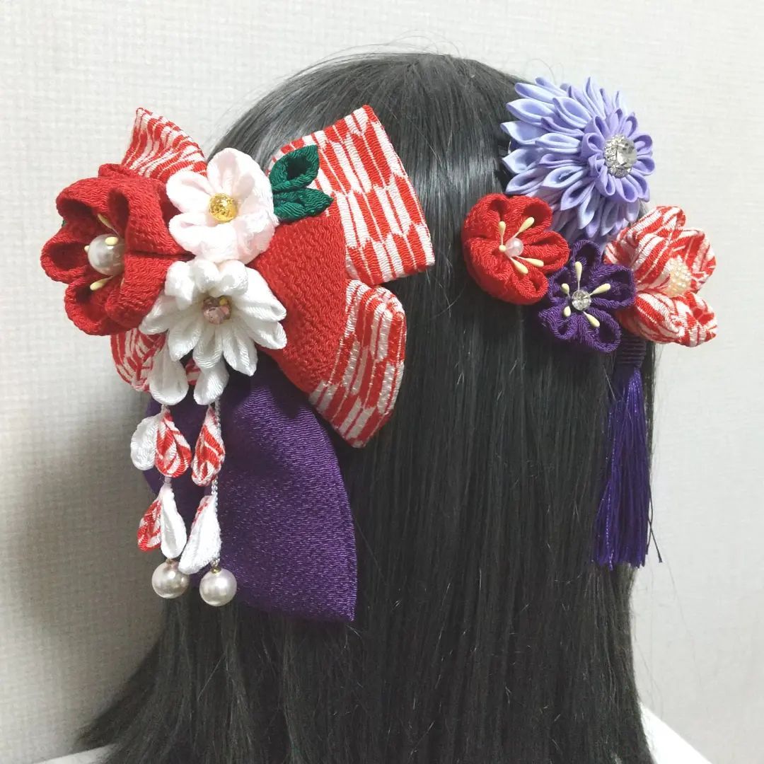 髪飾り 髪飾り赤 髪飾り紫 リボン 矢絣 成人式 卒業式 七五三 つまみ細工 袴