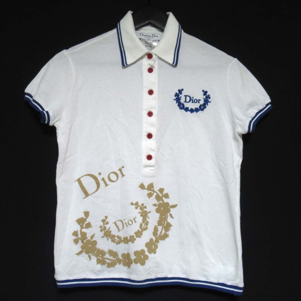 Christian Dior クリスチャンディオール ガリアーノ期 ロゴ刺繍 プリント 半袖 鹿の子 ポロシャツ I44サイズ ホワイト レディース 古着