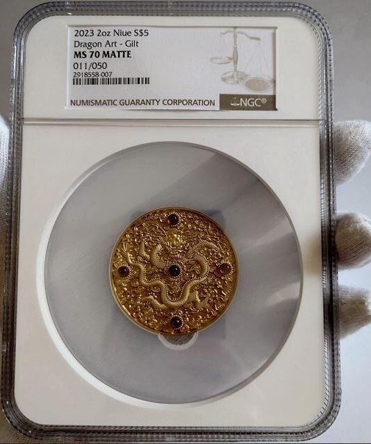 2025 Niue $5 CHINESE DRAGON ART 2 oz Gilded HR Silver Coin NGC MS70 RARE
