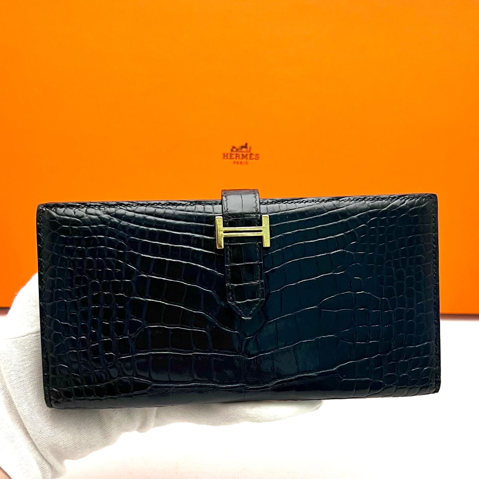 HERMESエルメス ベアンスフレ クロコアリゲーターネイビーゴールド財布長財布 エルメス ベアンスフレ アリゲーター ネイビー ゴールド金具