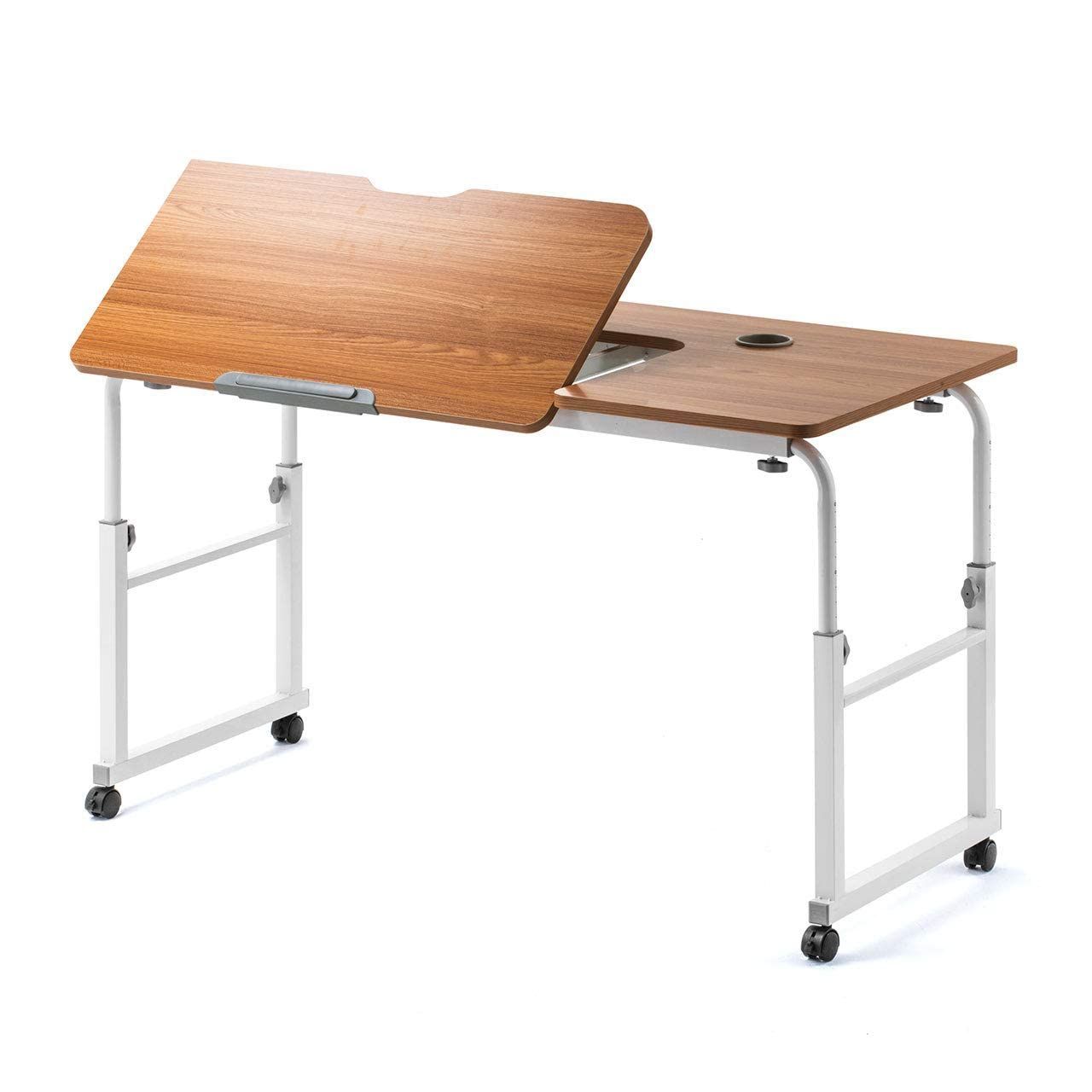 新着商品 脚の幅120～196cm 角度調整 組立簡単 キャスター付き 高さ56～85cm 天板幅120×奥行60cm モニターアーム取付対応 パソコンデスク ベッドテーブル 木目 サンワダイレクト 100-DESKN004M