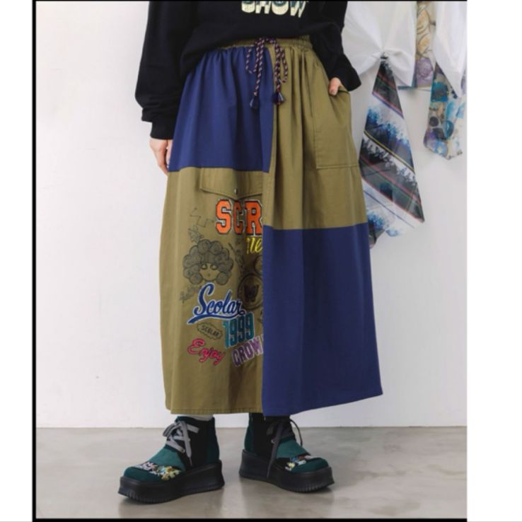 Scolar レトロ異素材バイカラーワークスカート