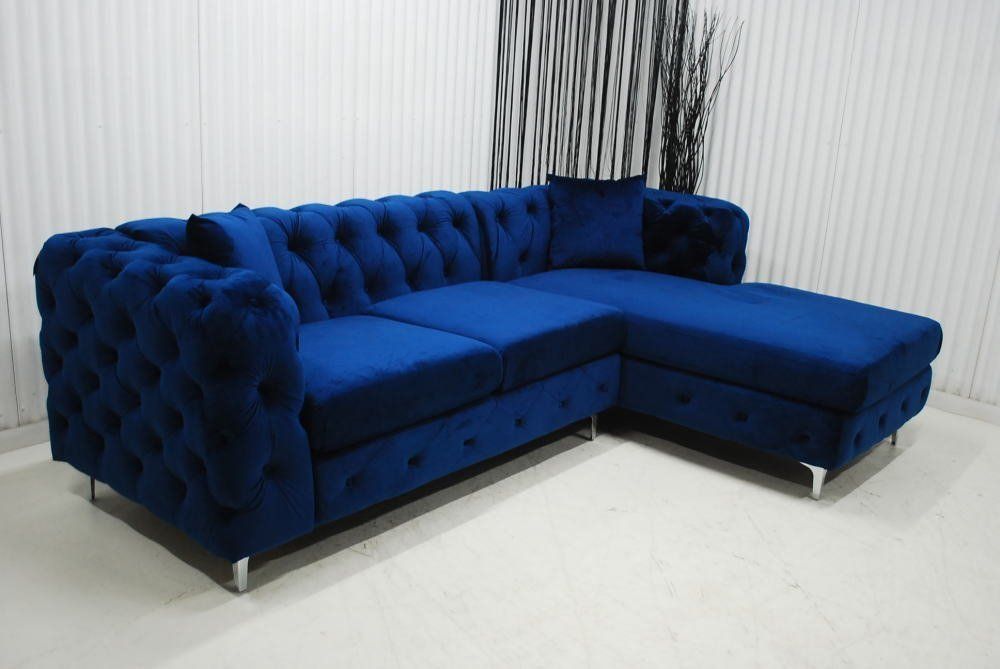 アウトレット 現品限り 大 一部 L型カウチソファー チェスターフィールド調 ベロア調ファブリック ブルー 青