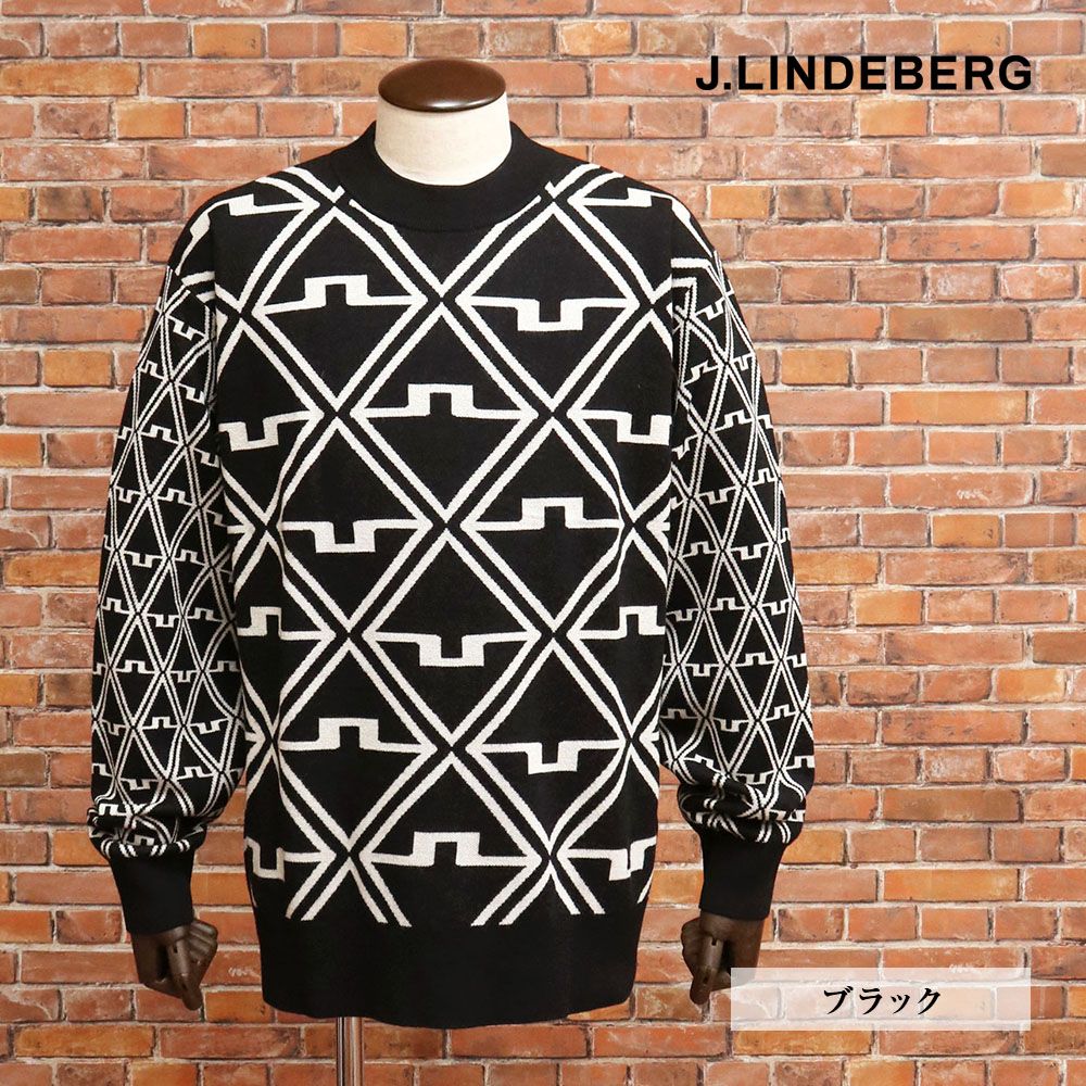 秋冬 J.LINDEBERG 48 L サイズ クルーネックニット 071-19913 ロゴ 総柄 メリノウール セーター ゴルフ メンズ 紳士 ジェイリンドバーグ 黒 ブラック mc141