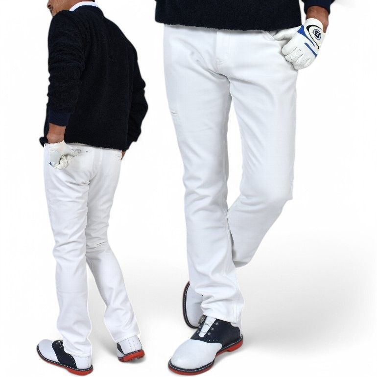 アウトレット 廃盤処分品 ホワイト/XXXLサイズ【COMONGOLF/コモンゴルフ】裏フリースボンディングストレッチスリムタイプゴルフパンツ(CG-NF1901)ゴルフウェア メンズ 迷彩 防寒 テーパード スラ