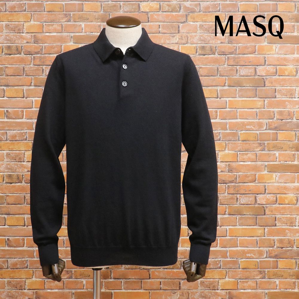 秋冬|MASQ|50サイズ|ニットポロシャツ エクストラファインメリノウール カシミヤ混 上 イタリア製 マスク |黒|ブラック|md398|