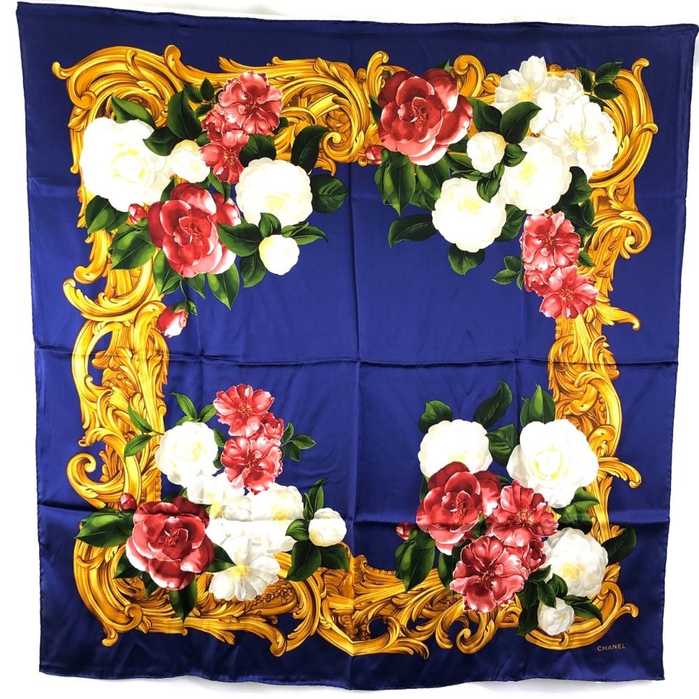CHANEL 花柄 シルク スカーフ ネイビー