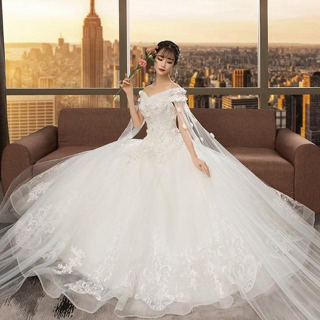 オフショルダー Vネック 結婚式ドレス 花嫁 豪華 パール