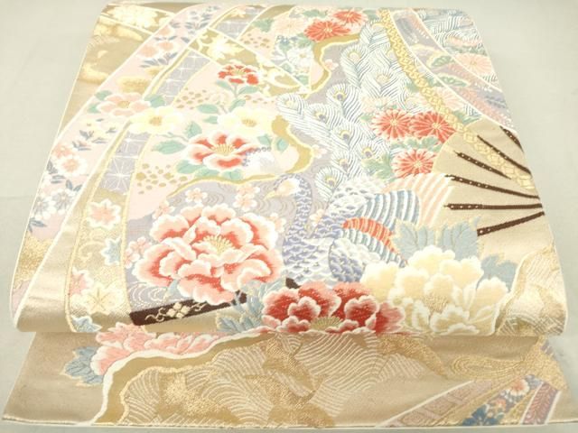 平和屋着物▽六通柄袋帯 九百錦 唐織 彩花孔雀文 24K本金箔