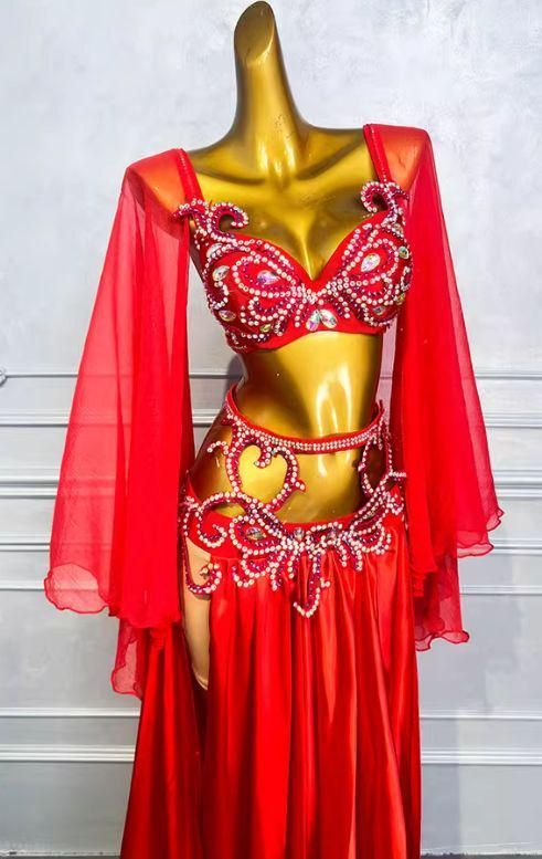 【数量限定超特価!!】 ベリーダンス衣装 ブラベルトスカートセット レッド オーダーメイド