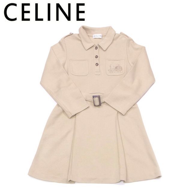 セリーヌ ワンピース ウエストベルト付き ♯120キッズサイズ 馬車刺繍 ベージュ ブラウン コットン綿 CELINE H770