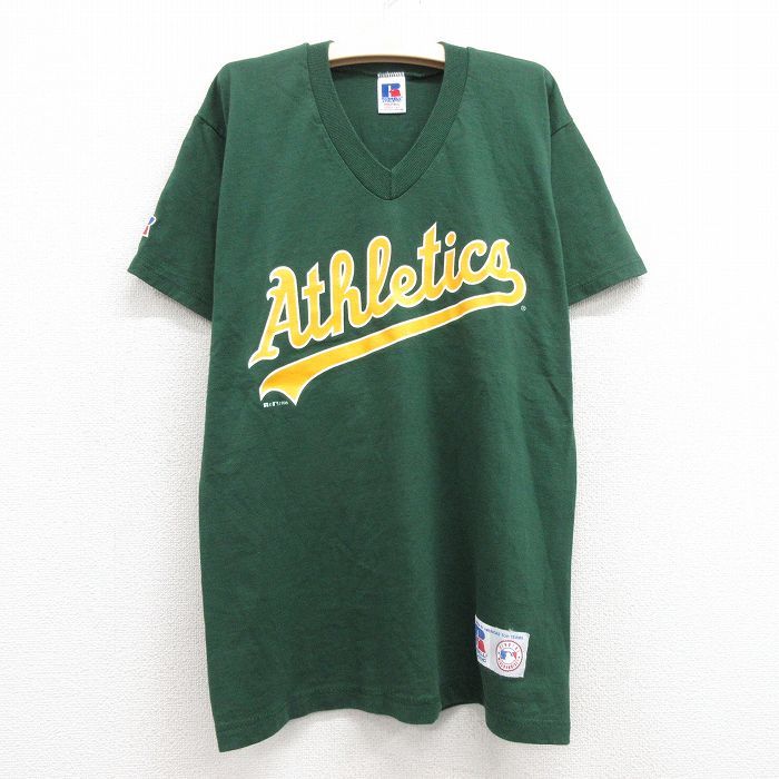 古着 ラッセル 半袖 ビンテージ Tシャツ キッズ ボーイズ 子供服 90s MLB オークランドアスレチックス 10 Vネック 緑 グリーン メジャ