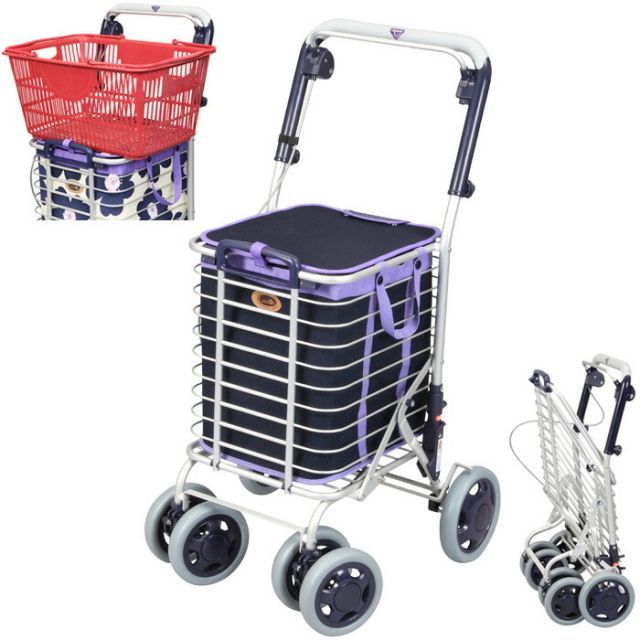 ショッピングカート シルバーカー 買い物 折りたたみ キャリー カート アルミワイヤーカー A-0245H 幅48.5×奥行49.5×高さ88～98cm メッシュ紺 ユーバ産業 手押し車 軽量 バック付き ブレーキ付き ハンドル高さ調整 おしゃれ コンパクト