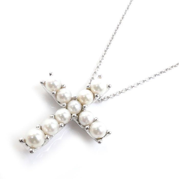 MIKIMOTO ミキモト K18WG ホワイトゴールド クロス ネックレス パール約3.0～4.3mm 7.9g 42cm レディース 中古