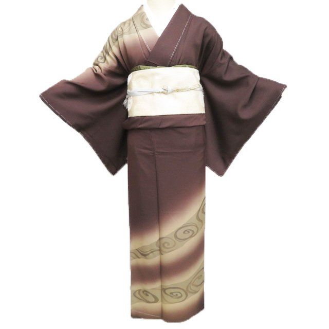 訪問着 着物 正絹 袷 フォーマル 流水模様 暈し 焦茶色 茶系色 身丈167.5cm 裄68cm L トール きもの北條 A1278-4