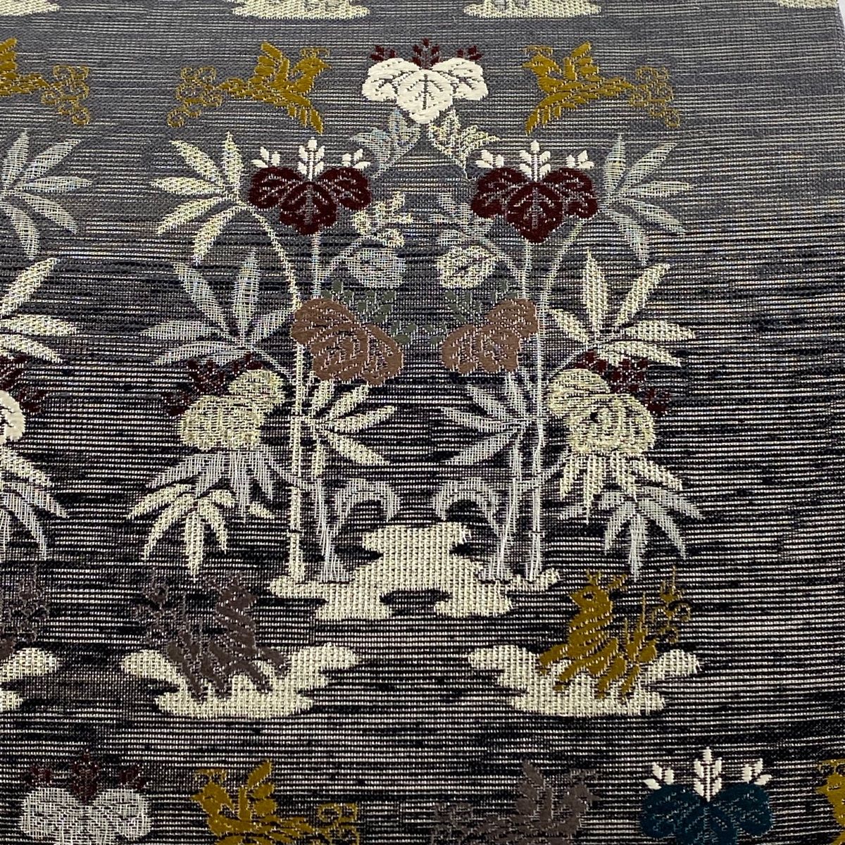 袋帯 秀品 桐 動物 金糸 黒灰 お太鼓柄 正絹