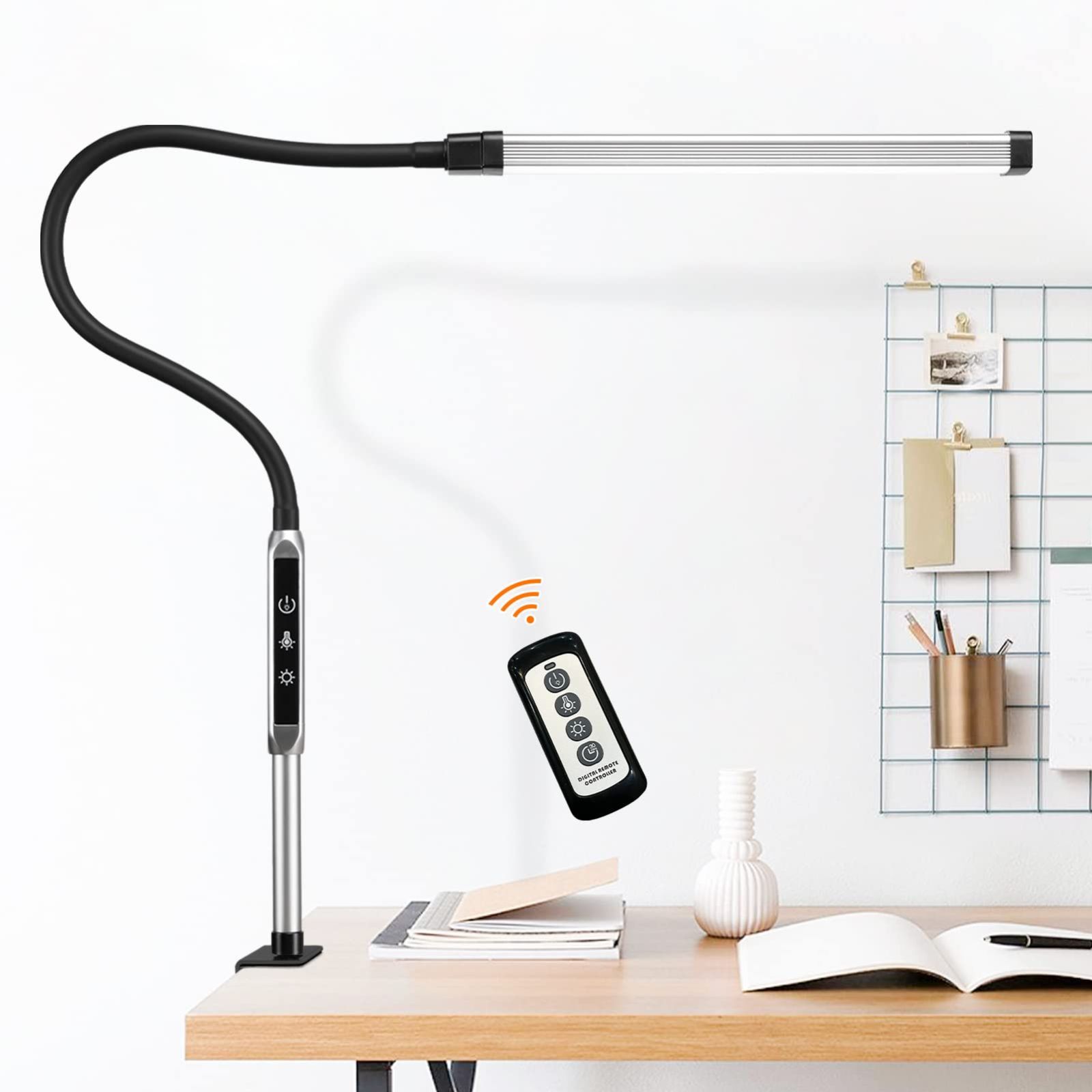 タイマー機能 無線リモコン搭載 無段階調光 360°回転 5段階調色 全方向照明 高演色性RA90 目に優しい 省エネ クランプ付き 電気スタンド LEDスタンドライト 卓上ライト Kiyoraito 銀色 デスクライト