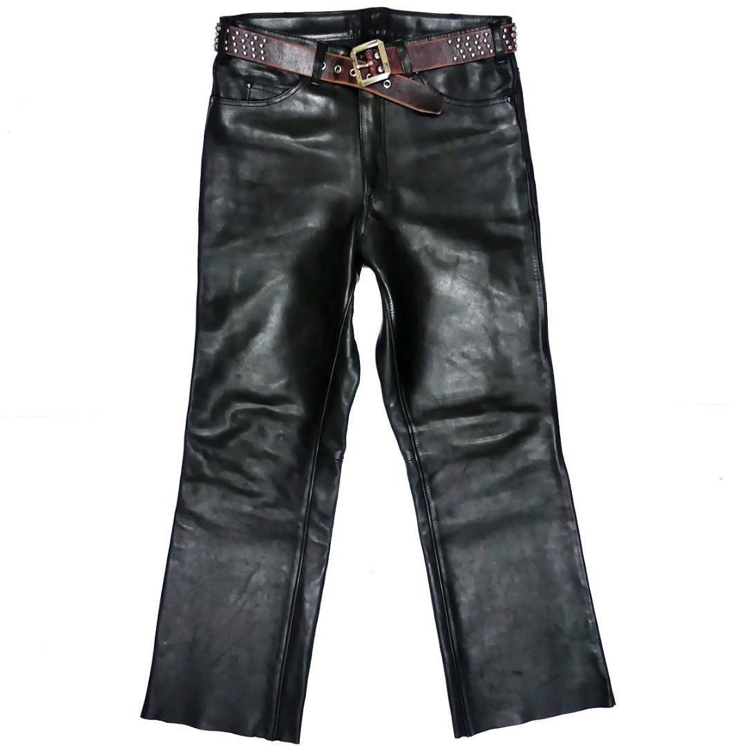 カドヤレザーパンツ　　W35 カドヤ レザーパンツ メンズ W35 黒 本革 ロック 革パンツ 皮AA1089