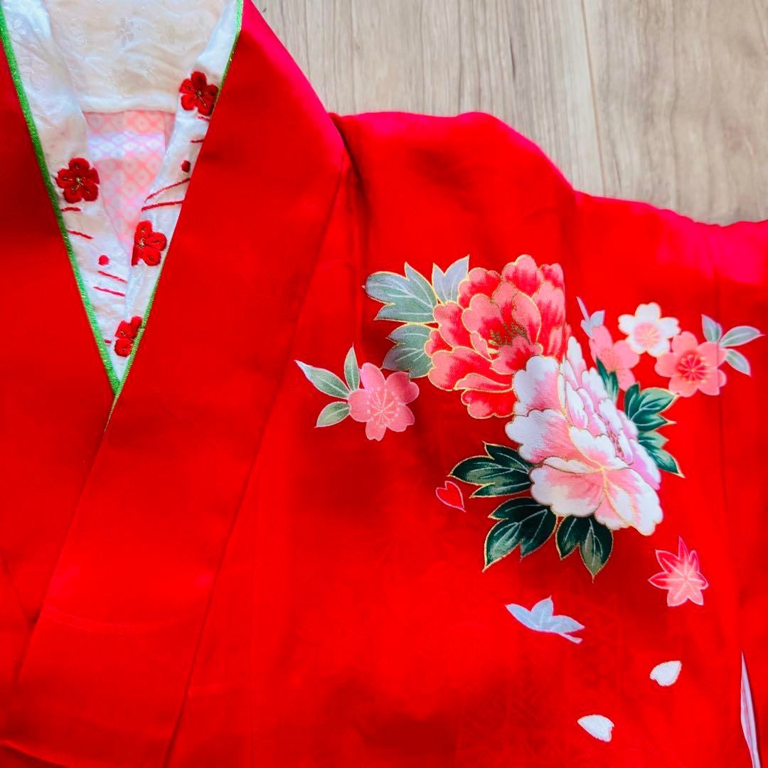 D 超美品　七五三　7歳　フルセット　女の子　子供　絹　着物　襦袢　帯　赤　花車 D 超美品 七五三 7歳 フルセット 女の子 子供 絹 着物 襦袢 帯