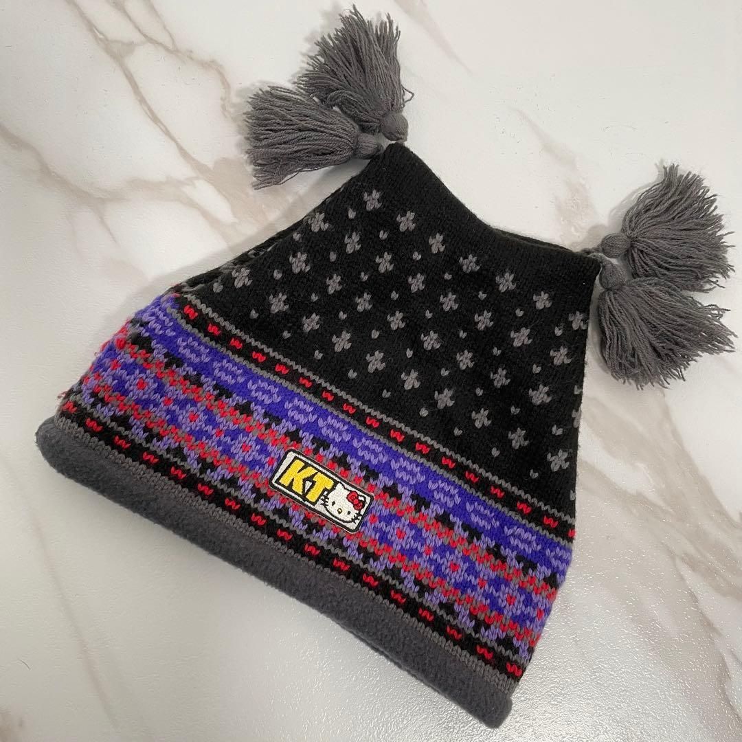 カナダ製 超 ハローキティ ジャガード フリンジ ニット帽 ビーニー ブラック パープル系