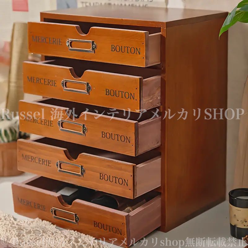 収納キャビネット ヴィンテージ おしゃれ かわいい メイクアップ収納 レトロ調 ５段 引き出し ジュエリー コンテナ 木製 小物収納 大容量 多機能 リビング 寝室 木目 ブラウン ナチュラル 4-7