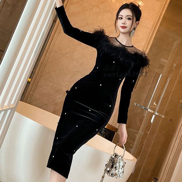  首元ファー ベロア使用ビジュー付き長袖膝丈タイトドレスワンピース 黒 結婚式 お呼ばれ きれいめ レディース ドレス 韓国 おしゃれ yan 5 a 143933 ノースリーブ シャツワンピース