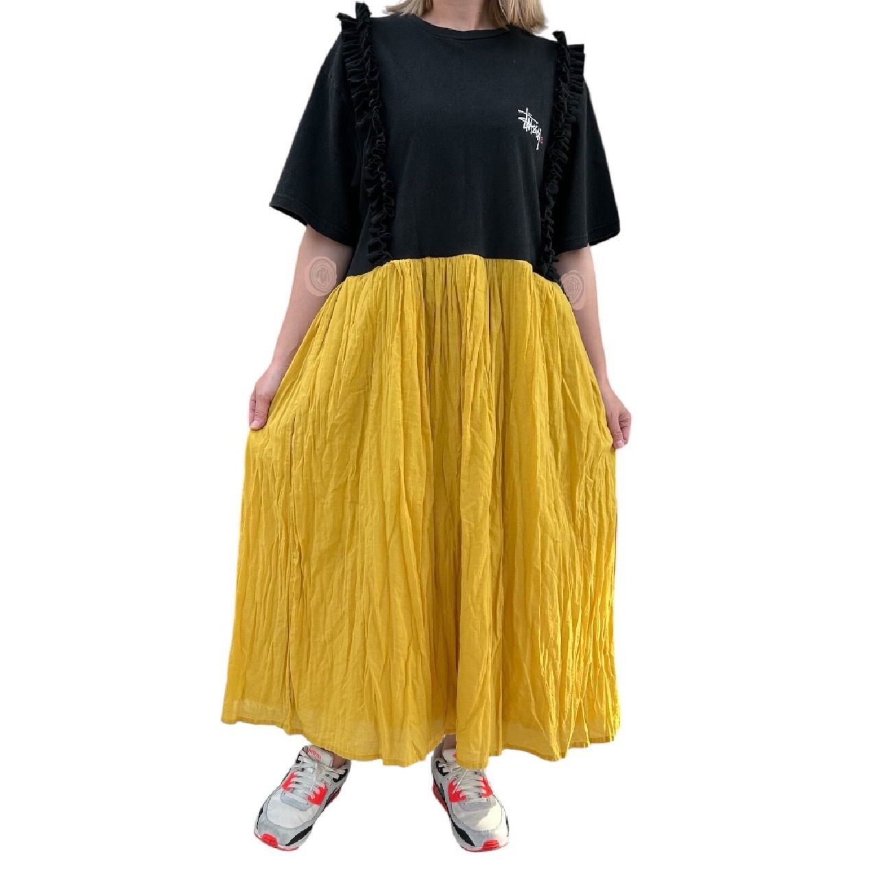 美品⁂センソユニコ⁂膝丈ワンピース 変形 アシメ タックギャザー 七分袖