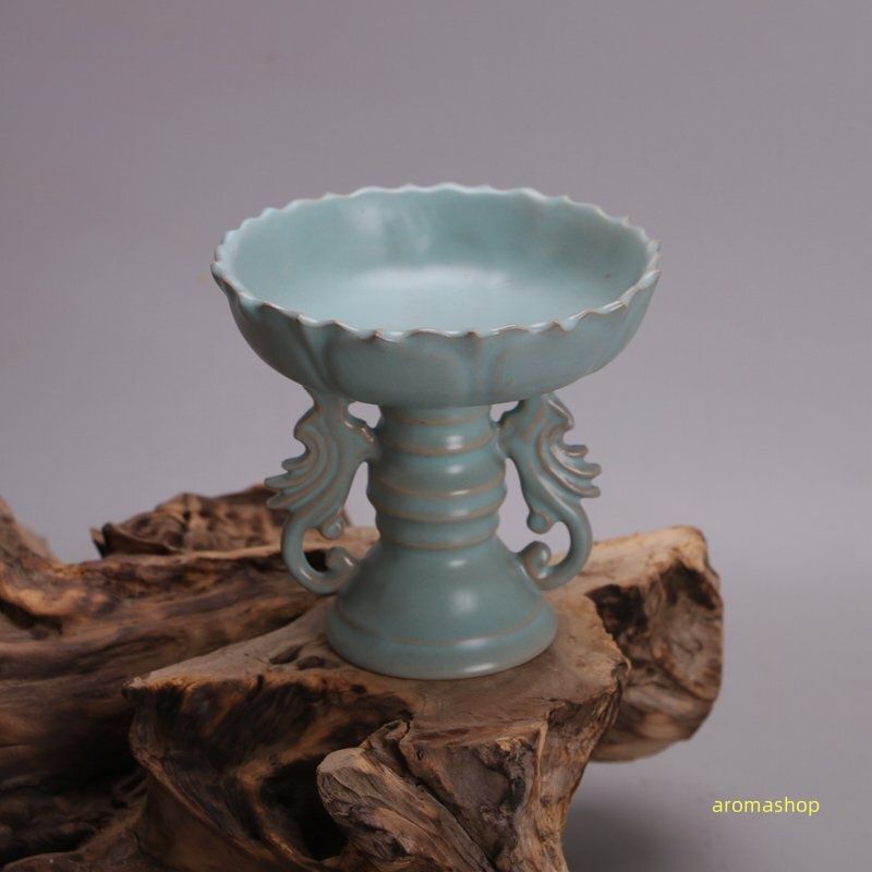 宋汝窯天青釉双龍蓮華燭台（一対）青釉 五大名窯