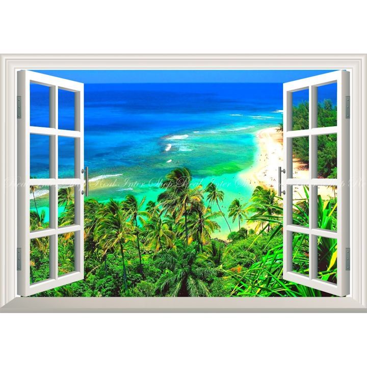 絵画風 壁紙ポスター (はがせるシール式) -窓の景色- ハワイ マウイ島 ビーチ ヤシの木 砂浜 海 【窓仕様／トリックアート】 キャラクロ HWI-013MA1 (A1版 830mm×585mm) ＜日本製＞ ウォールステッカ