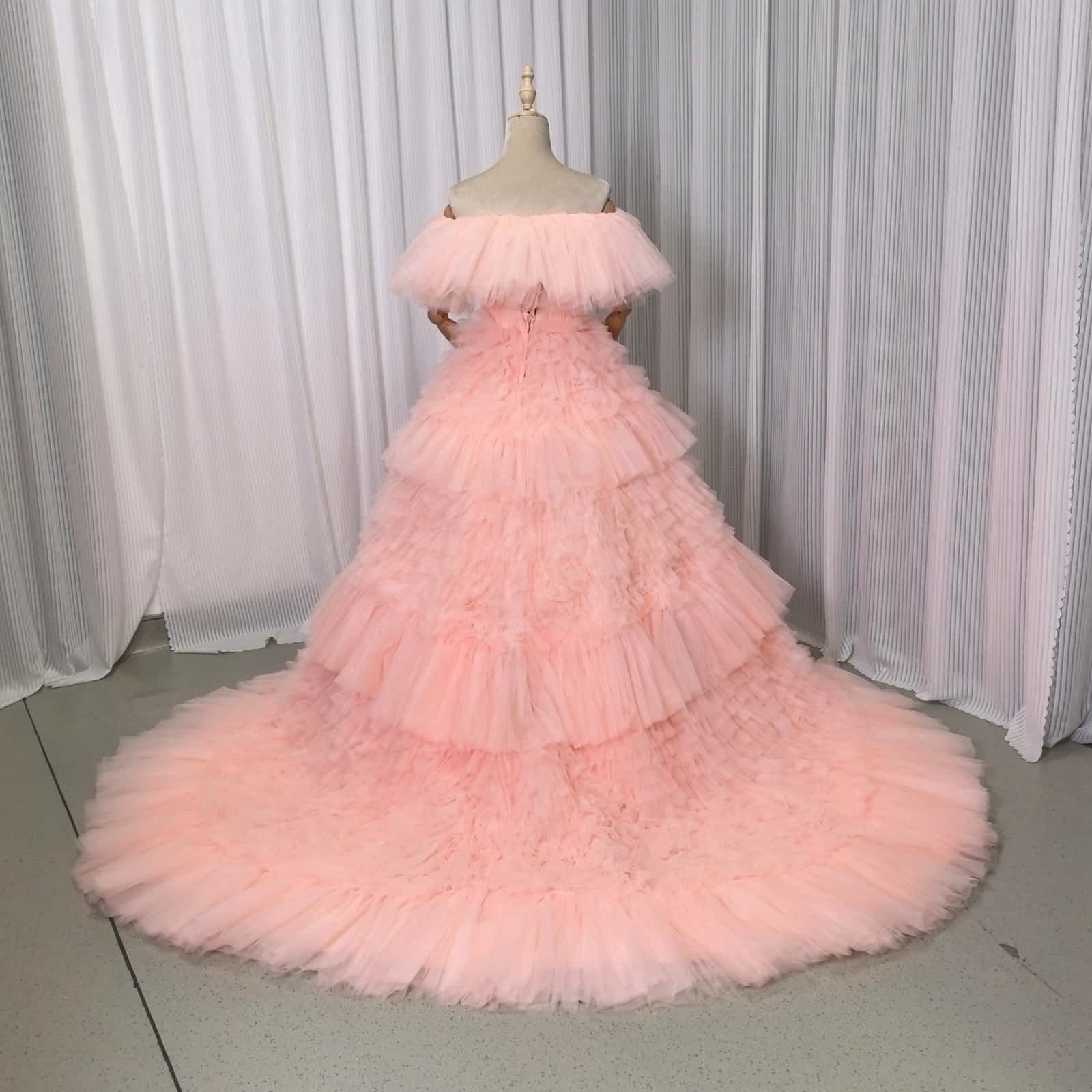 カラードレス オフショルダー フリルドレス チュールドレス 薄ピンク