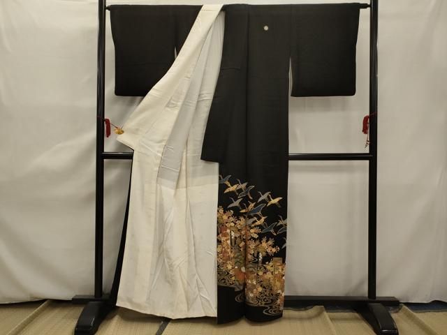 ■✨豪華お振り袖【黒地 扇面 花柄 金駒刺繍 銀彩 正絹】 成人式・結婚式 平和屋着物□豪華黒留袖 駒刺繍 扇面草花文 金彩 正絹 逸品