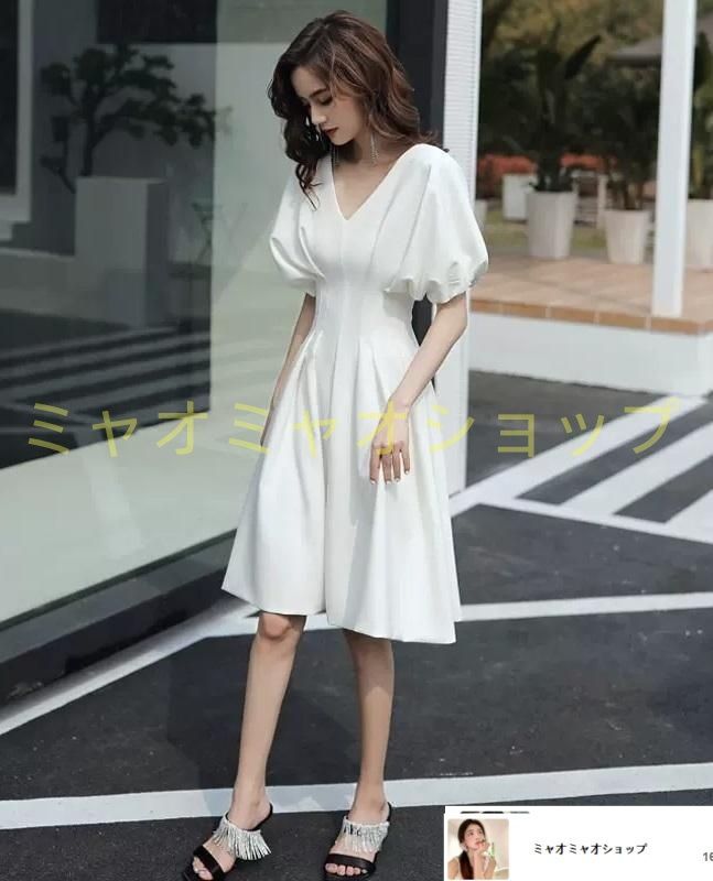 イブニングドレス Vネック パフスリーブ ひざ丈 タイト パーティー|結婚式|二次会 華やか 体型カバー 裏地付き お呼ばれ|パーティー|結婚式|二次会|成人式|演奏会 S～XL 光沢感 ドレスコード対応 裏地 サイズ展開S～XL