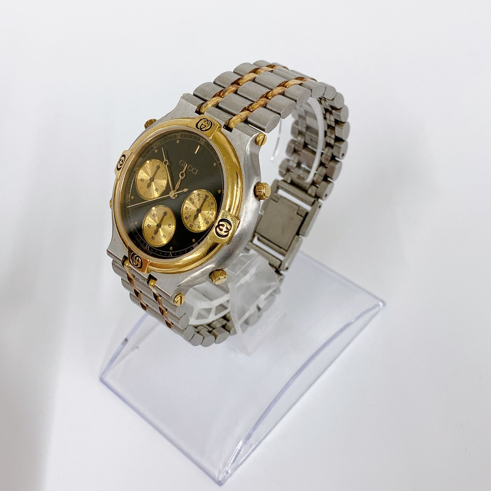 ＆ GUCCI グッチ 不動 ラウンドフェイスGG クロノグラフ 黒文字盤 9400  