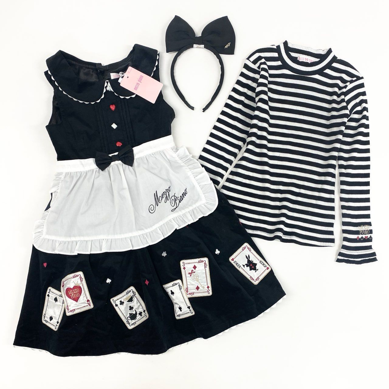 53e2 mezzo piano メゾピアノ アリス4点セット 長袖Tシャツ ジャンパースカート エプロン カチューシャ 女の子 子供服 6044313-350 130 ブラック