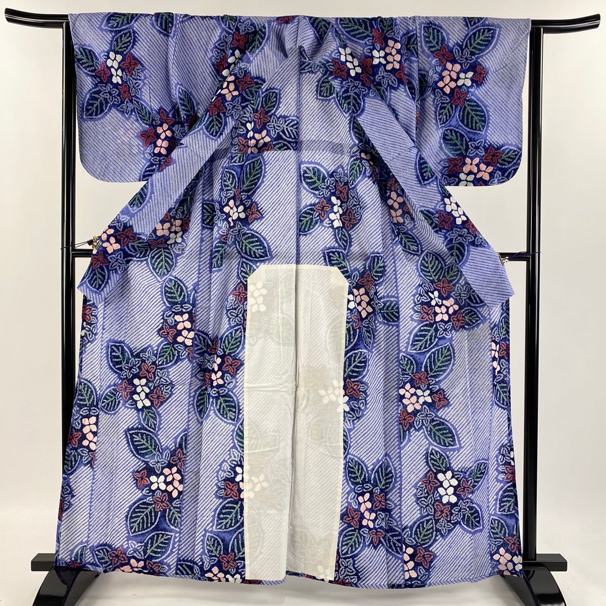 浴衣 身丈161cm 裄丈64.5cm M 絞り浴衣 紫陽花 斜縞 青紫 綿 美