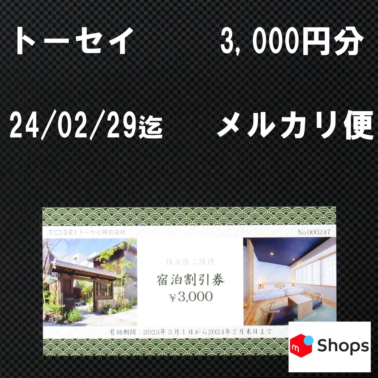 トーセイ 株主優待 宿泊券 TOSEI チケット 3000円分 - 宿泊券