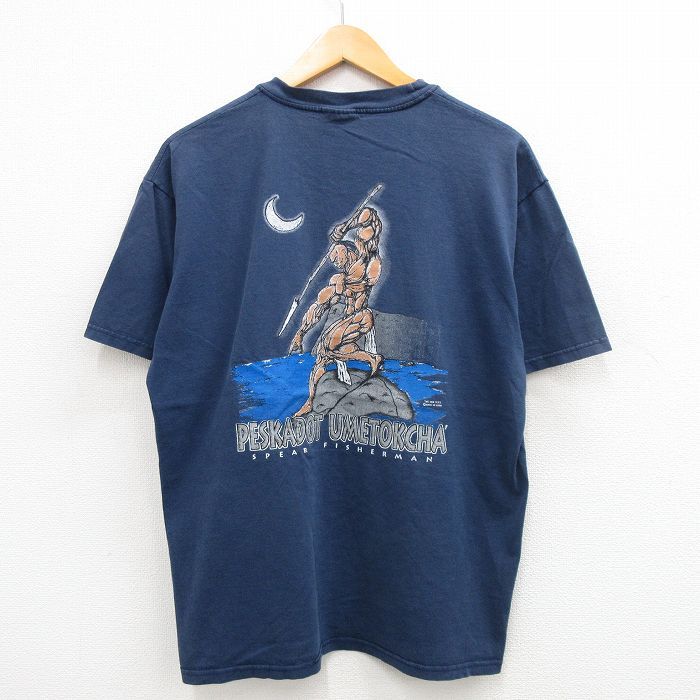 L/古着 ヘインズ 半袖 ビンテージ Tシャツ メンズ 90s 月 男性 コットン クルーネック 紺 ネイビー 24may27 中古