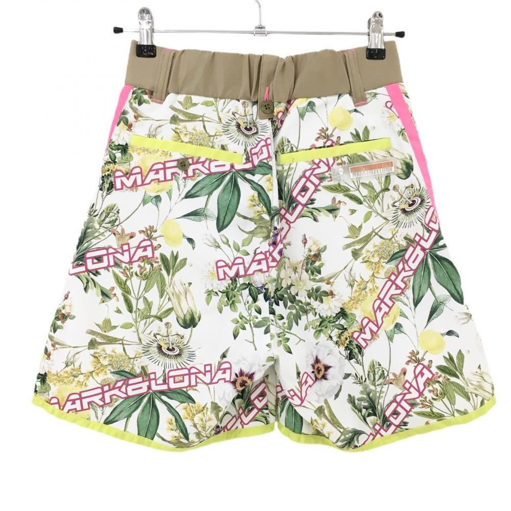 超 マークアンドロナ キュロットスカート 白×グリーン 花柄 ロゴ 裏地付き レディース 38 M ゴルフウェア MARK&LONA