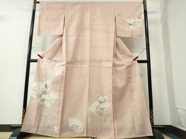 平和屋着物▽訪問着 単衣 生紬 手描き 牡丹菊文 正絹 逸品