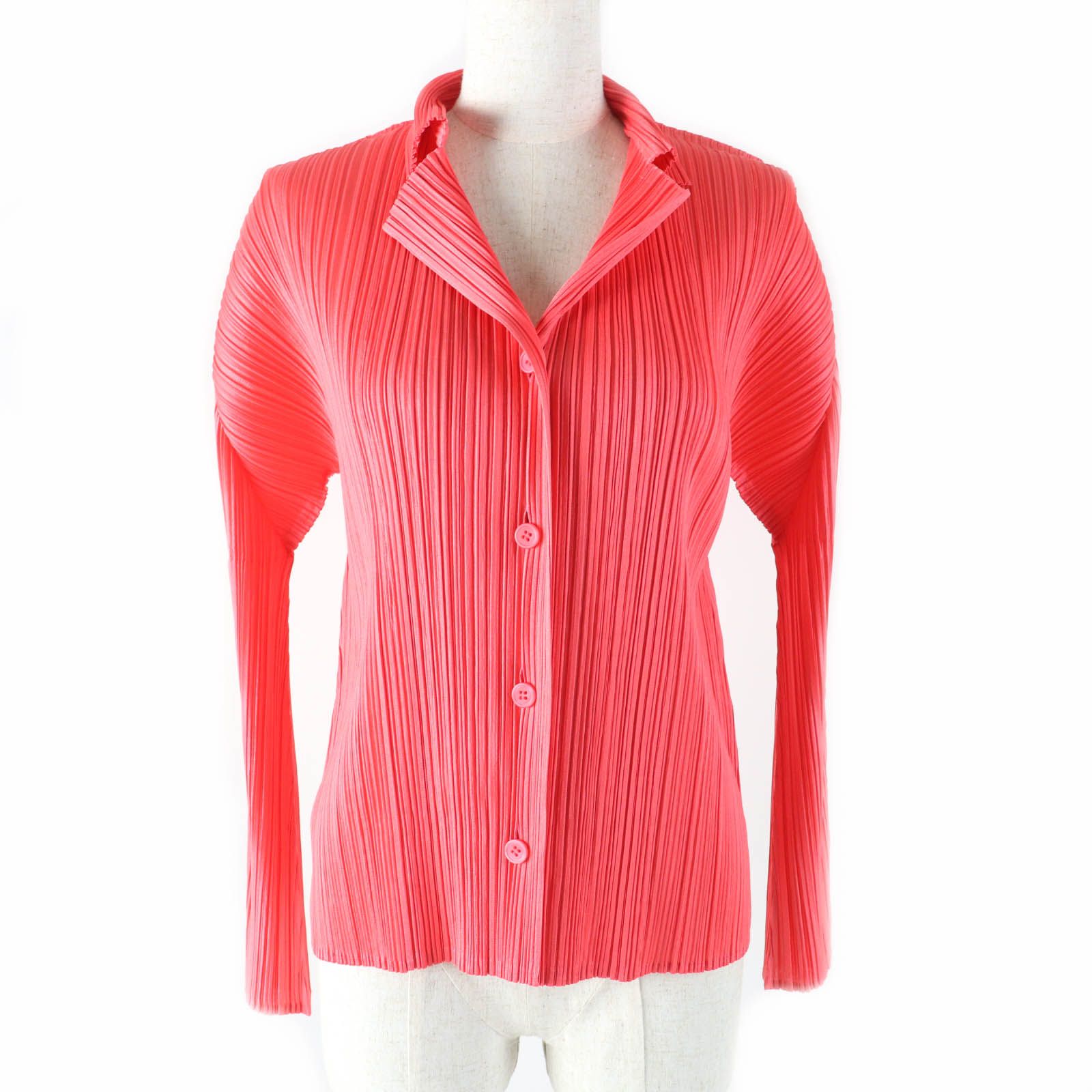 極美品★PLEATS PLEASE プリーツプリーズ イッセイミヤケ PP33-JD150 プリーツ シャツ カーディガン コーラルピンク 3 正規品 レディース 極美品☆PLEATS PLEASE プリーツプリーズ イッセイミヤケ PP33-JD150