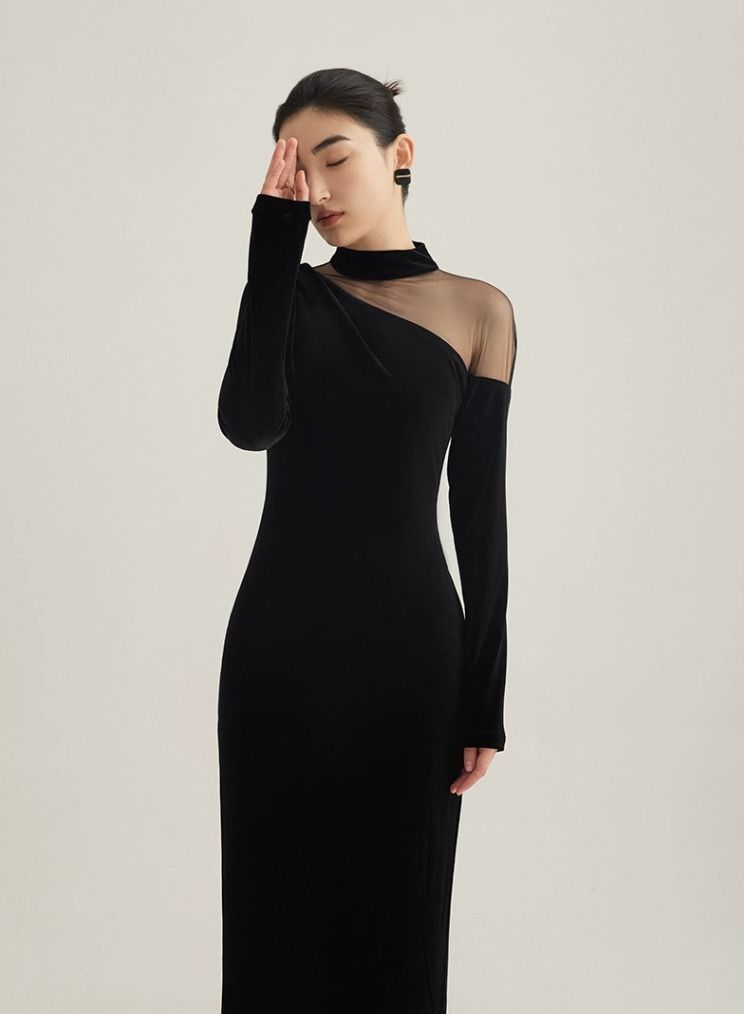 ワンピース ロング シースルー スリット ベロア シアー ロング ブラック A16