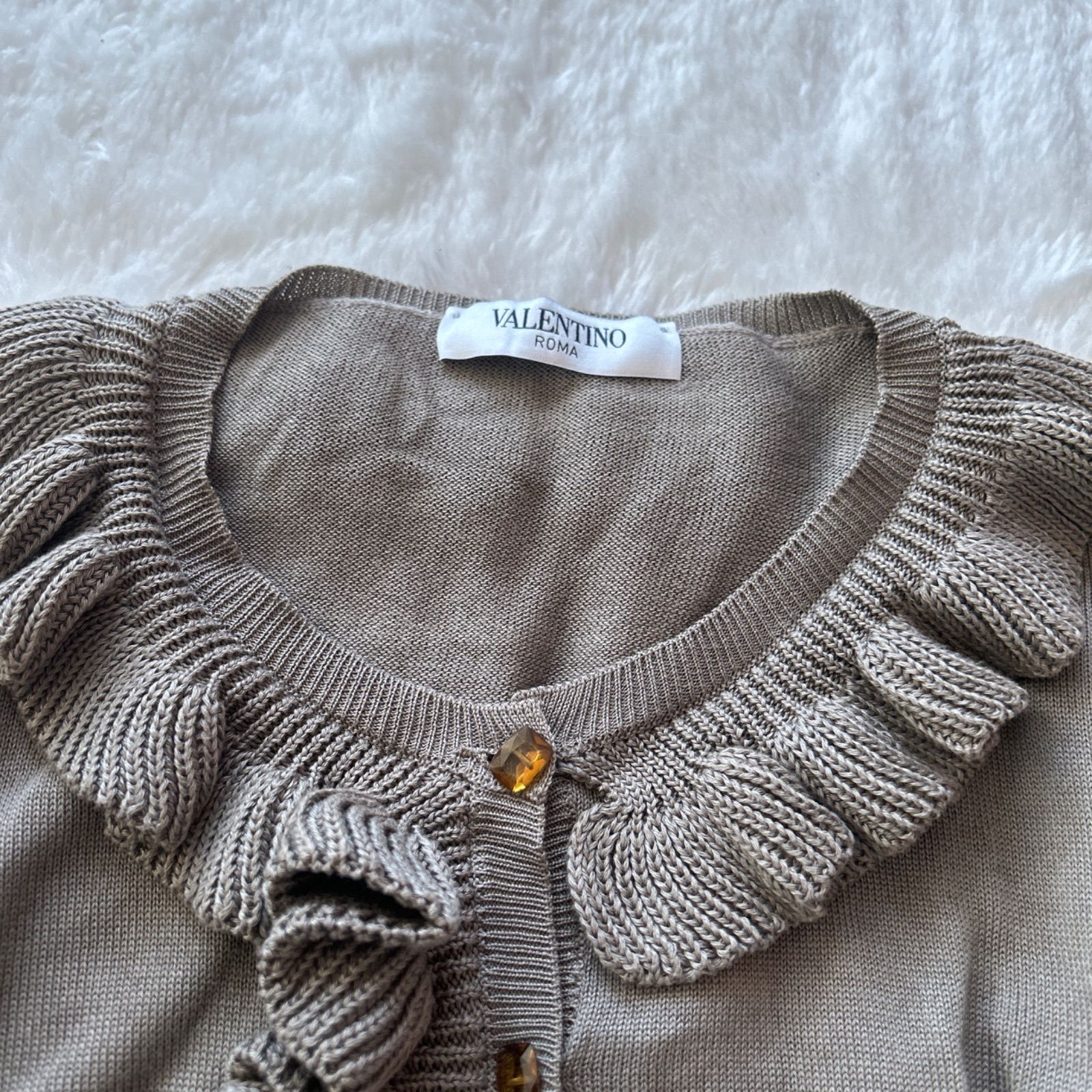 VALENTINO ROMA コットン フリル カーディガン 40 美品 Sサイズ クルー 