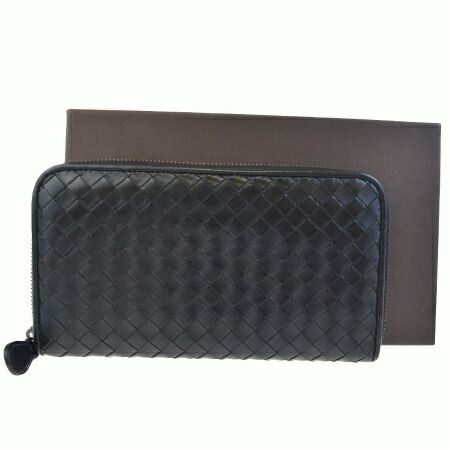 【中古】 美品 ボッテガヴェネタ BOTTEGA VENETA イントレチャート ラウンドファスナー 長財布 ブラック レザー 保存箱付き 33BC844