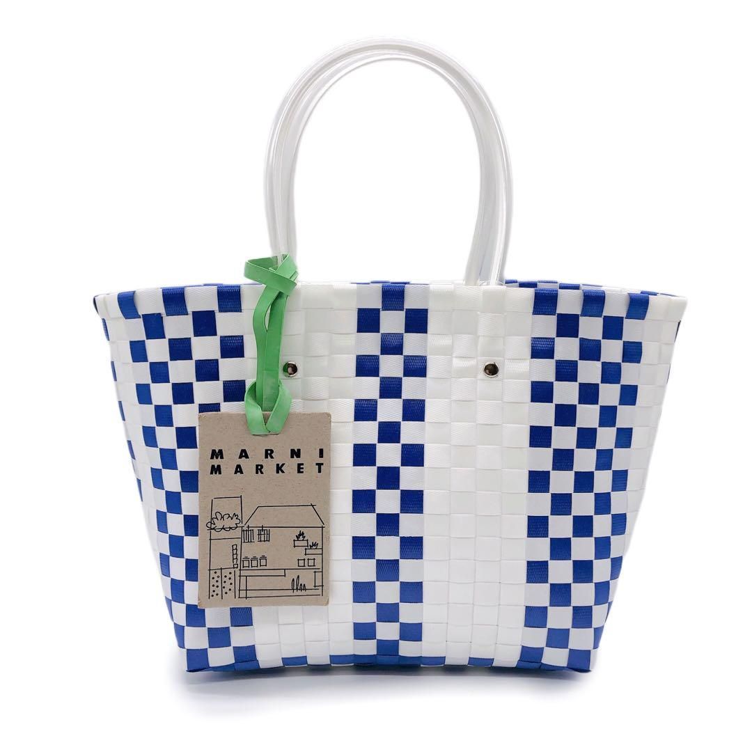 【着後レビューで 送料無料】 マルニ 未使用】MARNI ハンドバッグ ブルー×ホワイト 籠バッグ バッグ